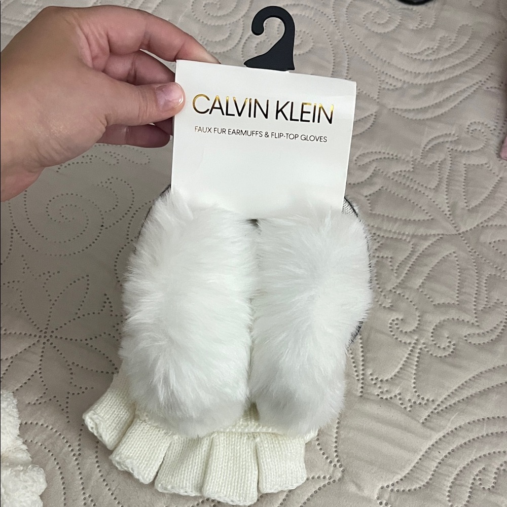 Calvin Klein White Faux Fur Earmuffs and Gloves